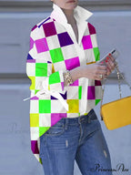 Large Size Patchwork Tartan Fold-down Collar Blouse