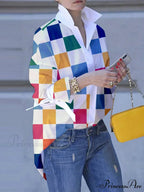 Large Size Patchwork Tartan Fold-down Collar Blouse