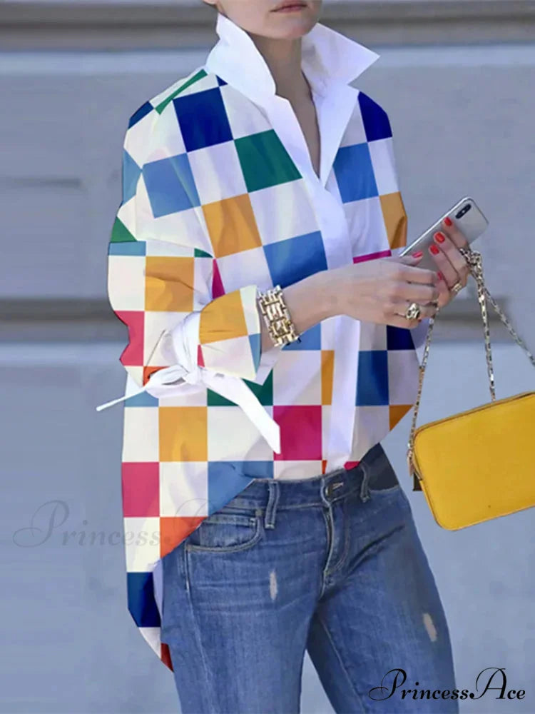 Large Size Patchwork Tartan Fold-down Collar Blouse