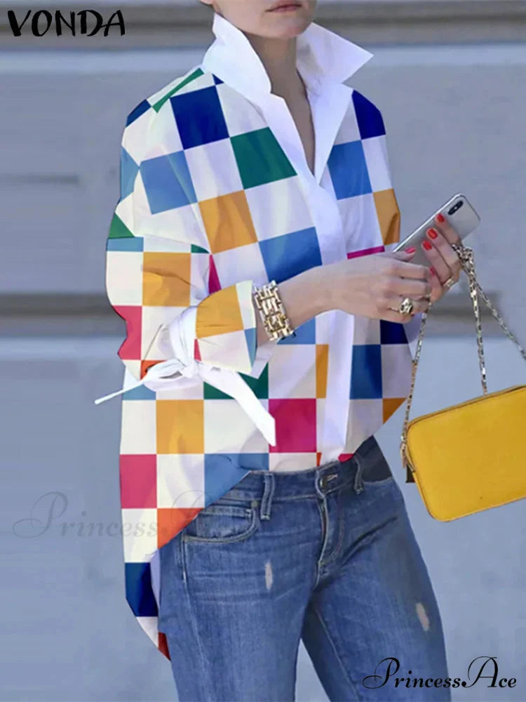 Large Size Patchwork Tartan Fold-down Collar Blouse