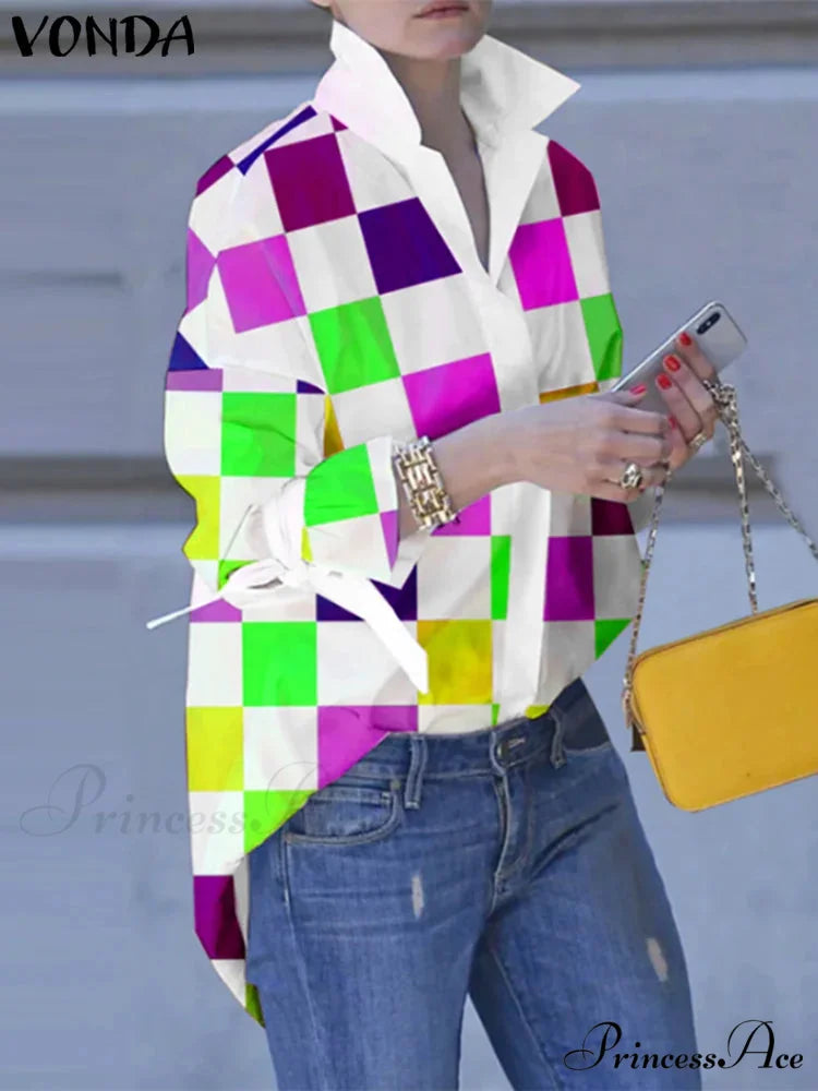 Large Size Patchwork Tartan Fold-down Collar Blouse