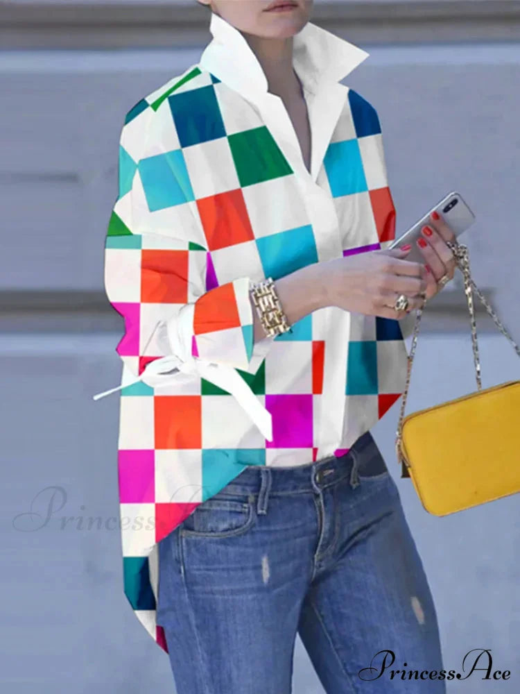 Large Size Patchwork Tartan Fold-down Collar Blouse