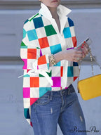 Large Size Patchwork Tartan Fold-down Collar Blouse