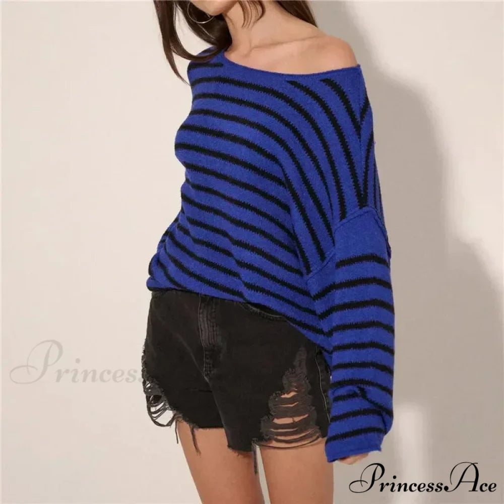 Large Striped V-Neck Color Block Knit Sweater Knit Top