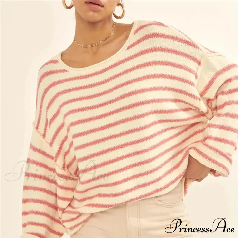Large Striped V-Neck Color Block Knit Sweater Knit Top