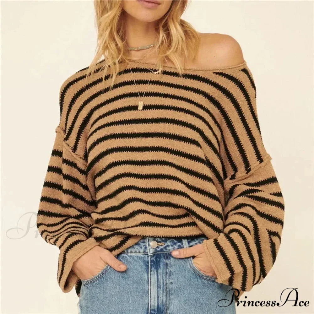 Large Striped V-Neck Color Block Knit Sweater Knit Top