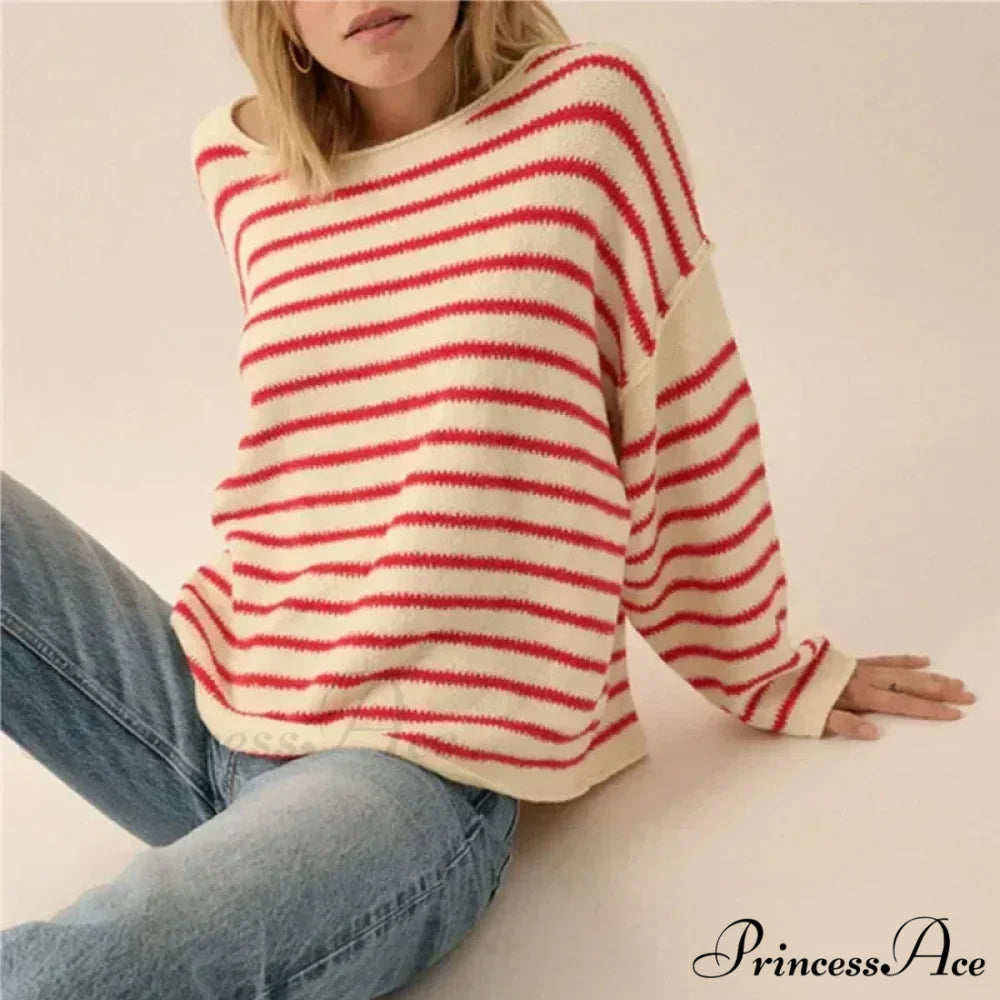 Large Striped V-Neck Color Block Knit Sweater Knit Top