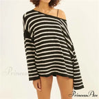 Large Striped V-Neck Color Block Knit Sweater Knit Top