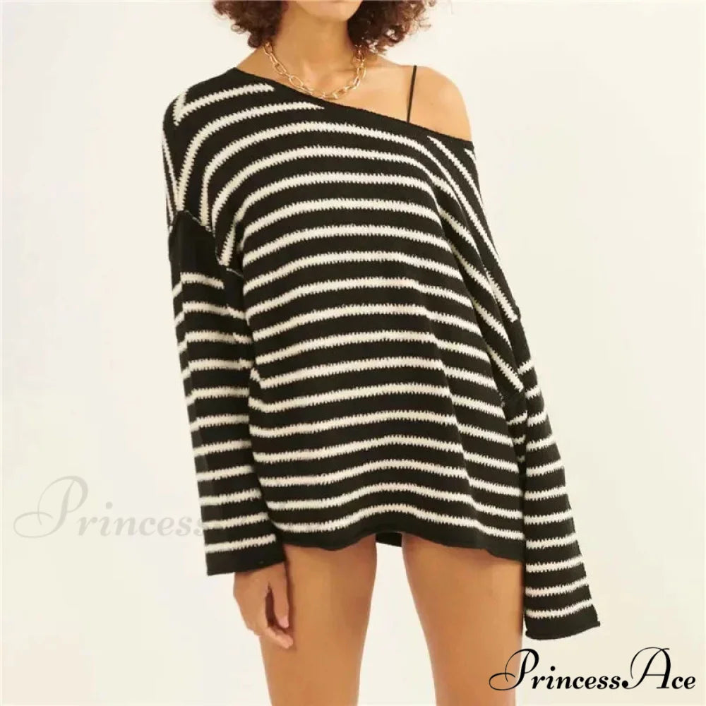 Large Striped V-Neck Color Block Knit Sweater Knit Top