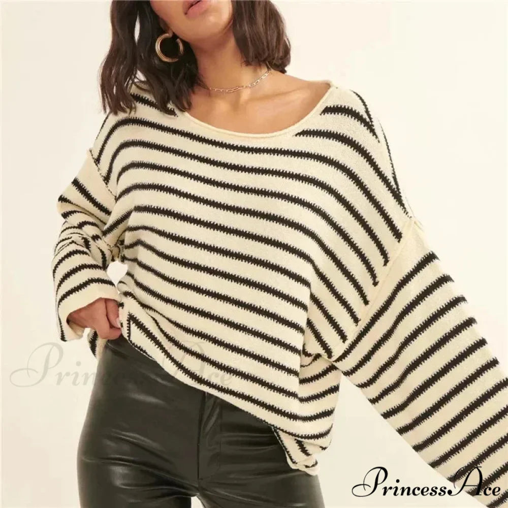 Large Striped V-Neck Color Block Knit Sweater Knit Top
