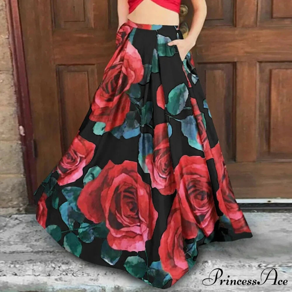 Large Swing Flower Pattern Long Skirt with Pockets Warm Season