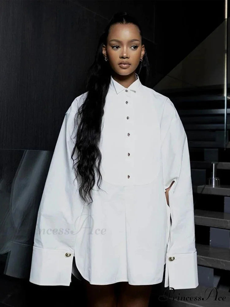 Large White Lapel Full Sleeve Side Split Blouse