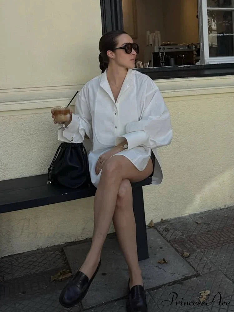 Large White Lapel Full Sleeve Side Split Blouse