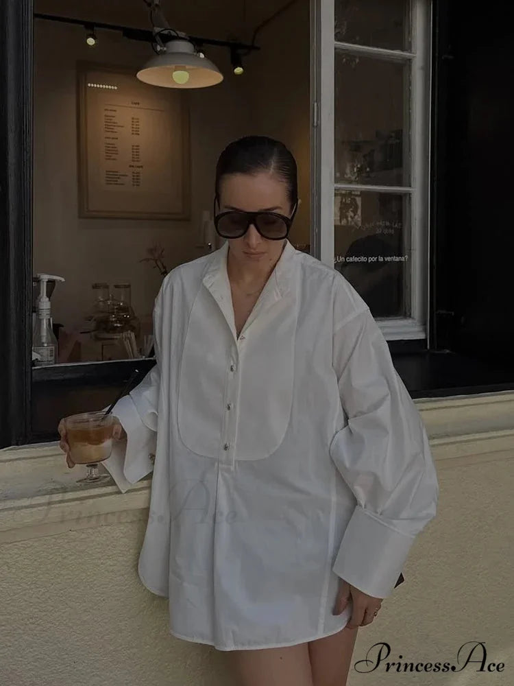 Large White Lapel Full Sleeve Side Split Blouse