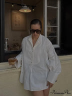 Large White Lapel Full Sleeve Side Split Blouse