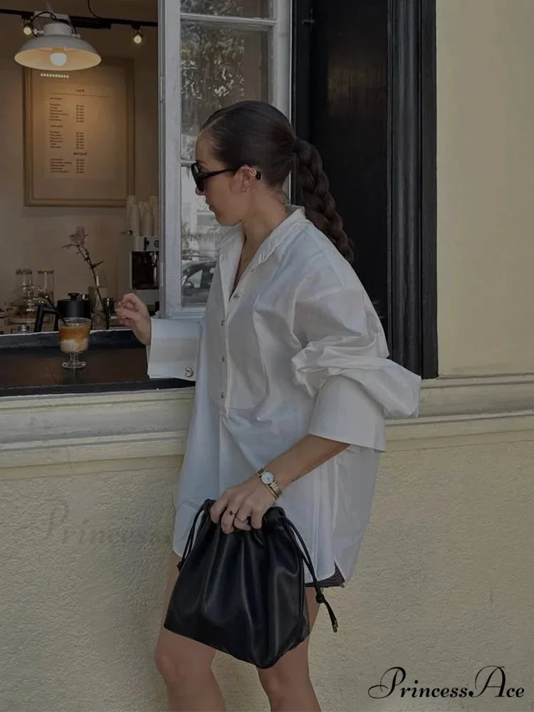 Large White Lapel Full Sleeve Side Split Blouse