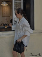 Large White Lapel Full Sleeve Side Split Blouse