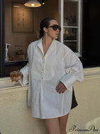 Large White Lapel Full Sleeve Side Split Blouse