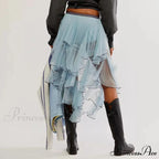 Layered Ruffled Mesh Sheer High Waist Lace Midi Skirt