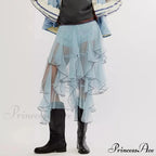 Layered Ruffled Mesh Sheer High Waist Lace Midi Skirt