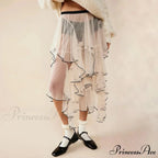 Layered Ruffled Mesh Sheer High Waist Lace Midi Skirt