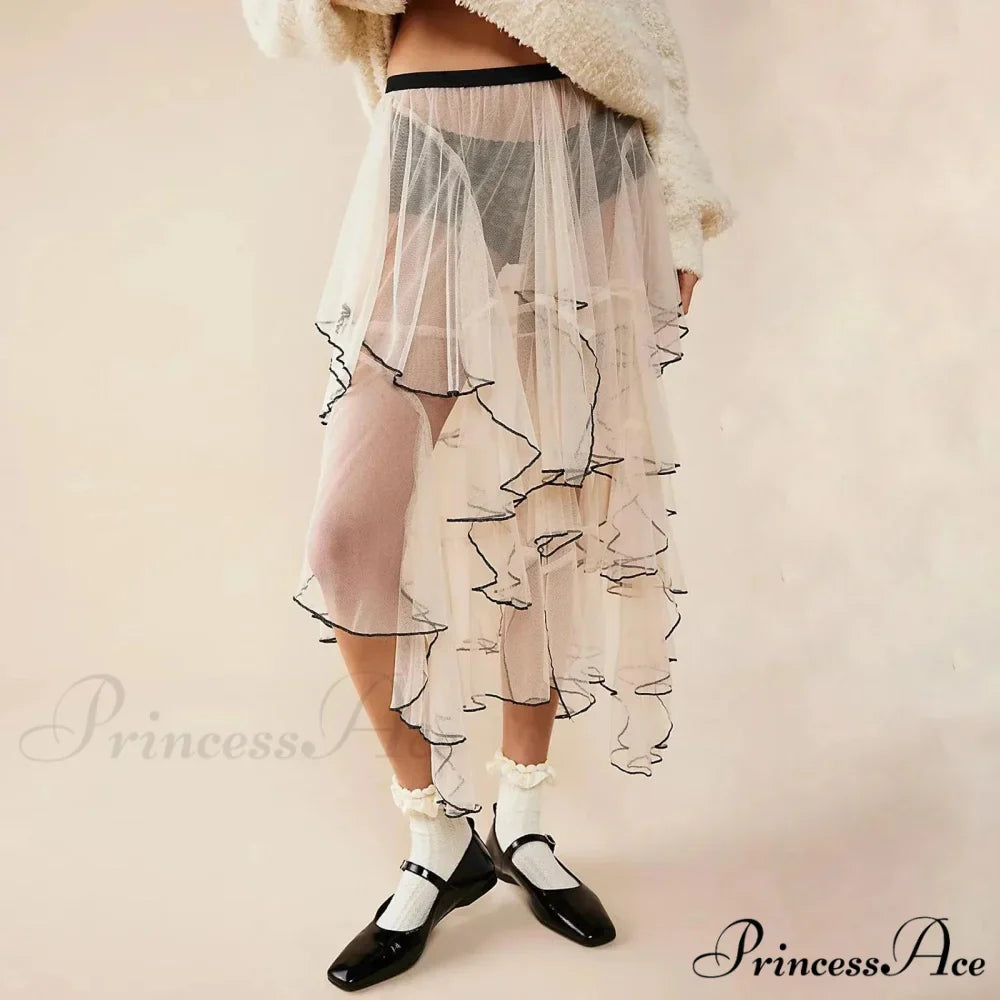 Layered Ruffled Mesh Sheer High Waist Lace Midi Skirt