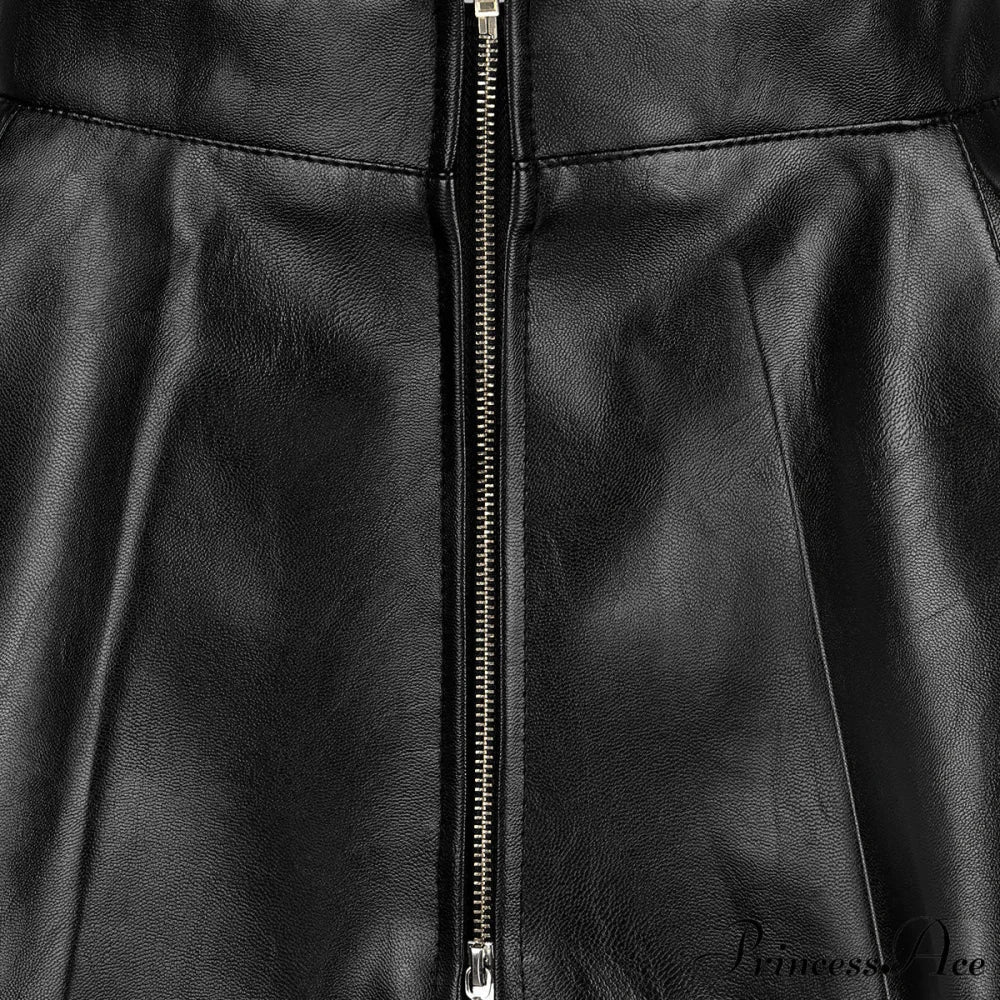 Leather Front Zipper Pleated Mini Skirt