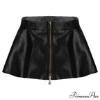 Leather Front Zipper Pleated Mini Skirt