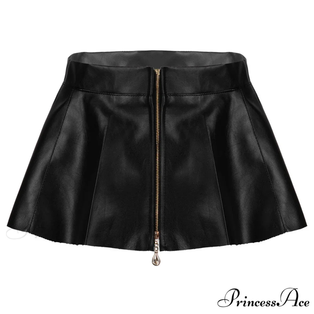 Leather Front Zipper Pleated Mini Skirt