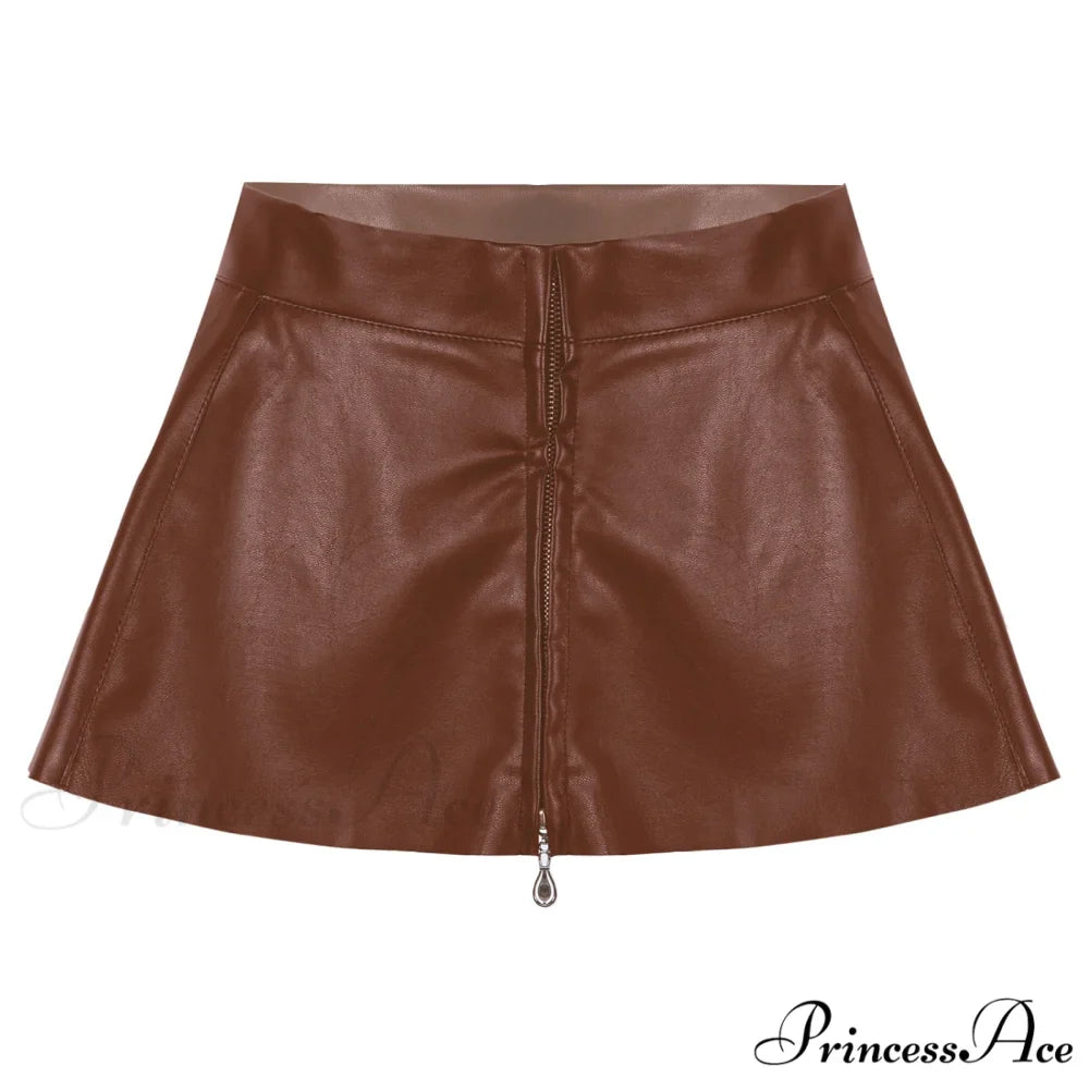 Leather Front Zipper Pleated Mini Skirt