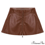 Leather Front Zipper Pleated Mini Skirt