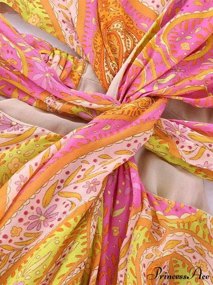 legant Print Hollow Out Pleated Mini Boho Dress