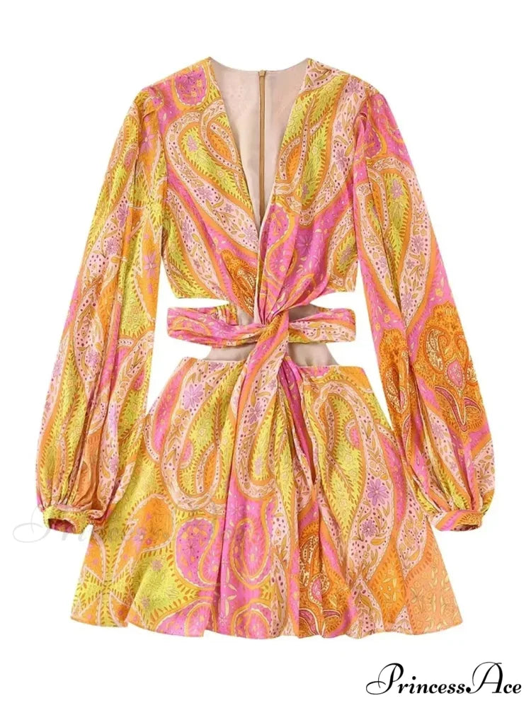 legant Print Hollow Out Pleated Mini Boho Dress