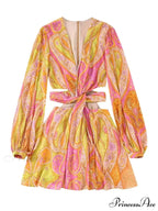 legant Print Hollow Out Pleated Mini Boho Dress