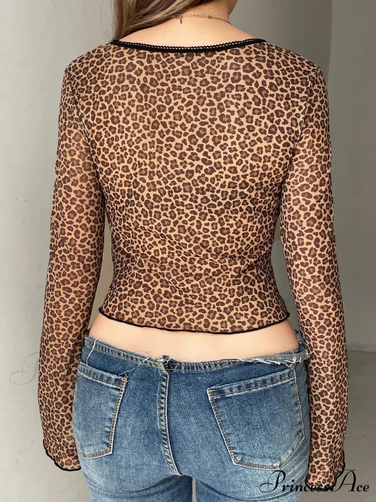 Leopard Divided Mesh Trim Narrow Square Neck Long Sleeve Knit Top