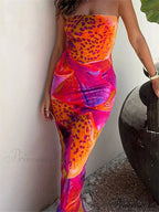 Leopard Floral Print Tube for Women Summer Party Beach Strapless Off Shoulder Slim Vestidos New