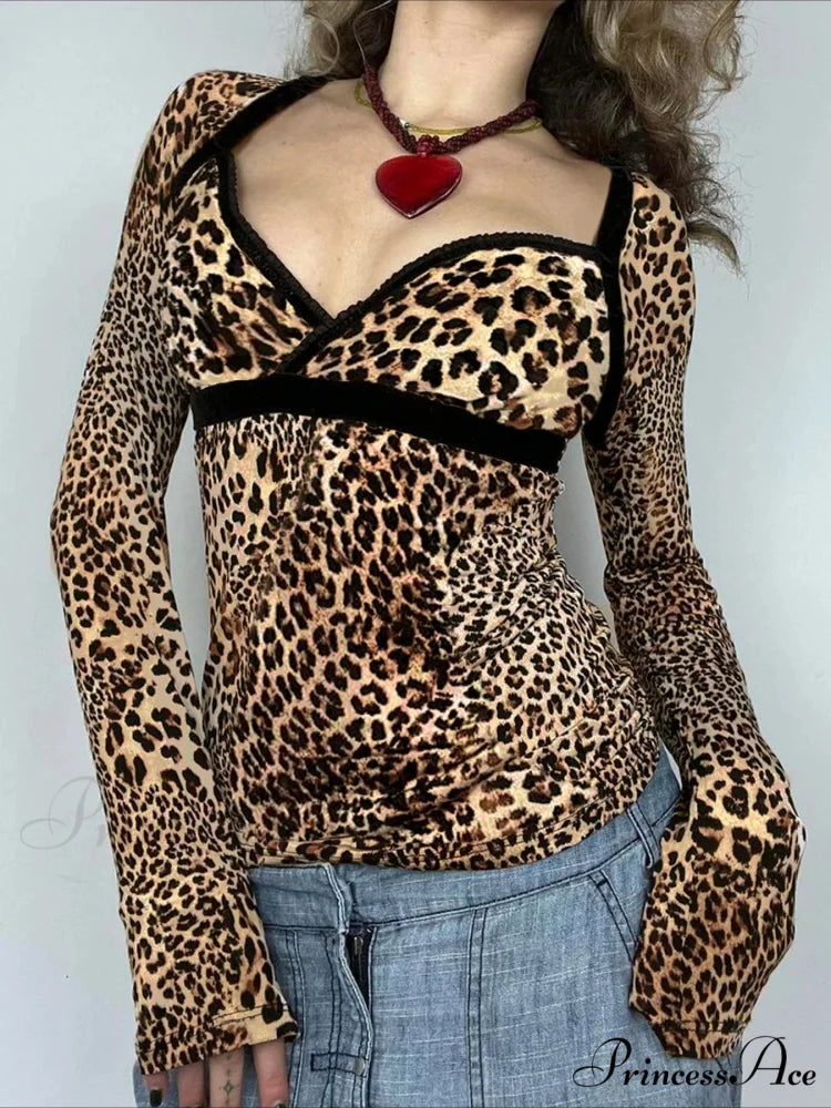 Leopard Patchwork Sleek Square Collar Extended Sleeve Knit Top