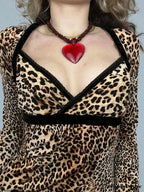 Leopard Patchwork Sleek Square Collar Extended Sleeve Knit Top