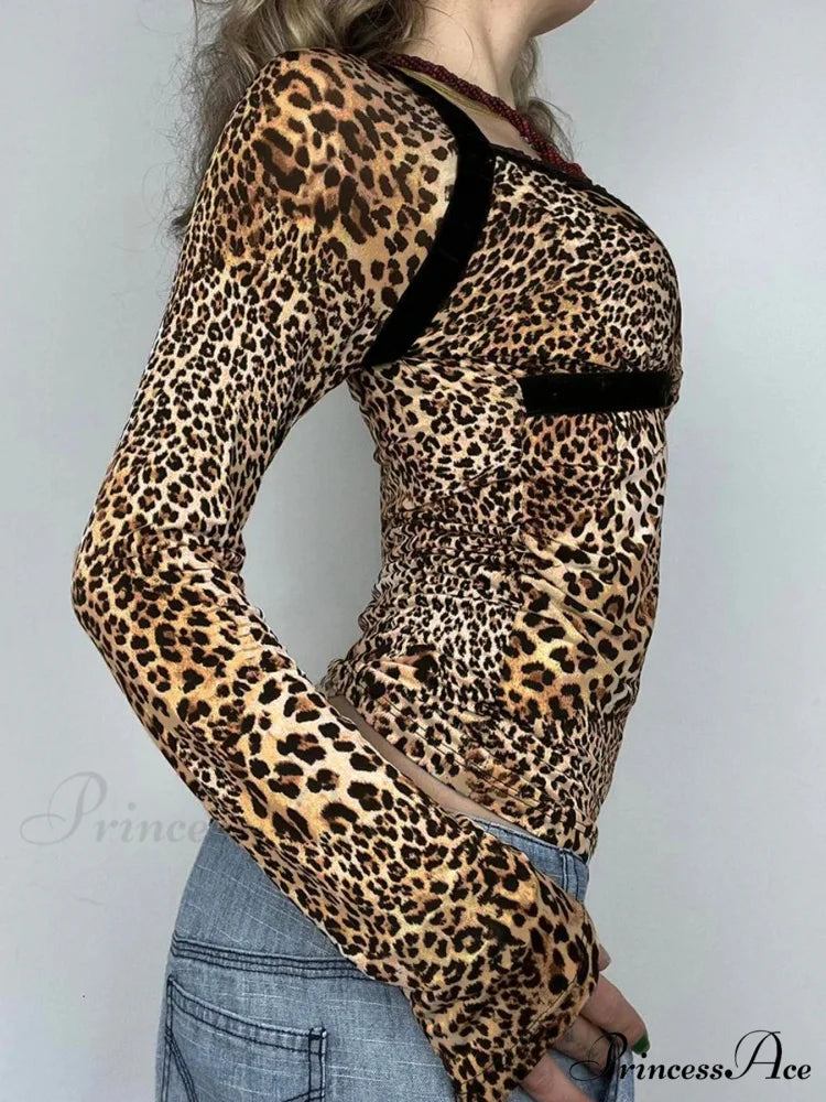 Leopard Patchwork Sleek Square Collar Extended Sleeve Knit Top