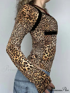 Leopard Patchwork Sleek Square Collar Extended Sleeve Knit Top