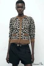 Leopard Patterned Feline Round Neck Cardigan
