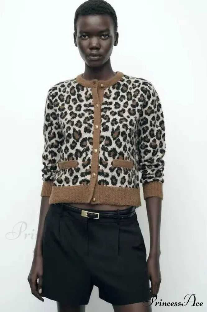 Leopard Patterned Feline Round Neck Cardigan