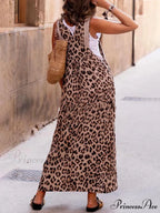 Leopard Print Patchwork Charming Suspender Maxi Dress
