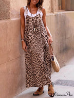 Leopard Print Patchwork Charming Suspender Maxi Dress