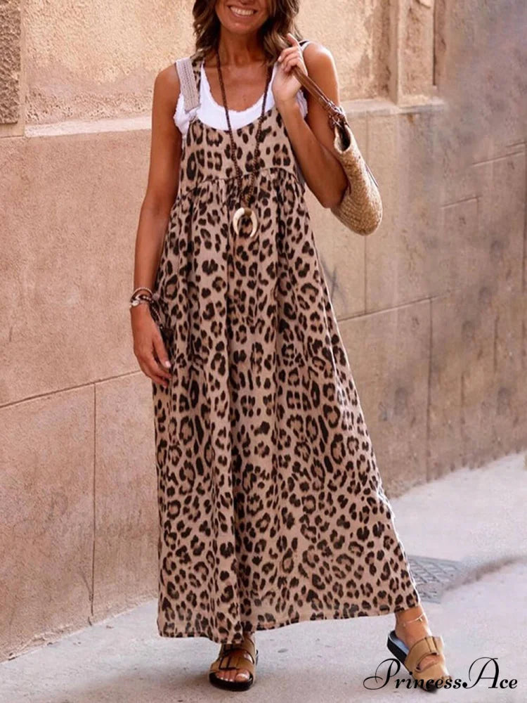 Leopard Print Patchwork Charming Suspender Maxi Dress