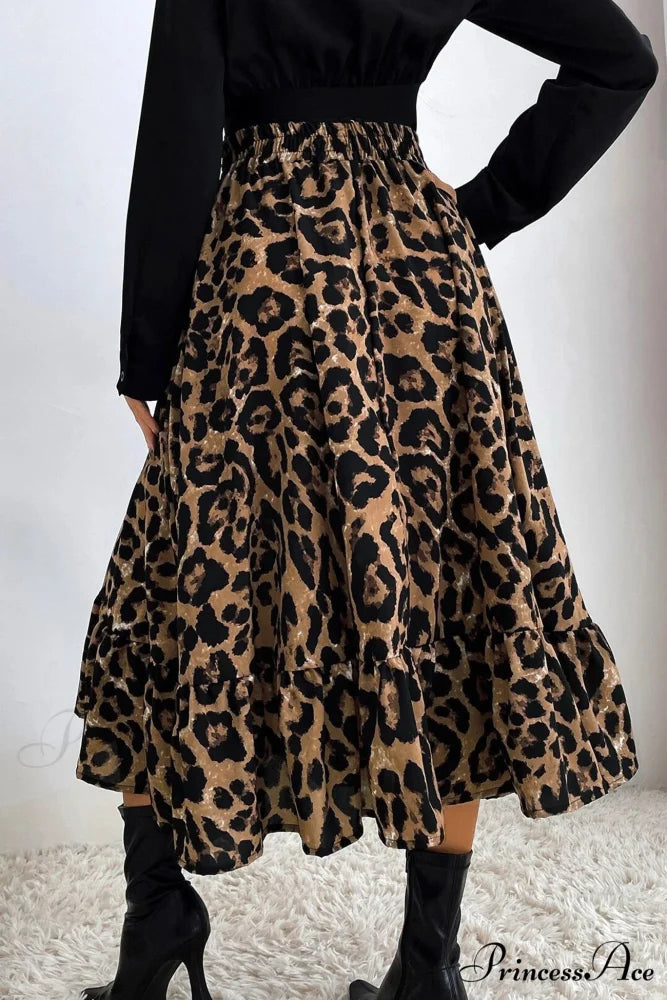 Leopard Print Pleated High Waist Skirt