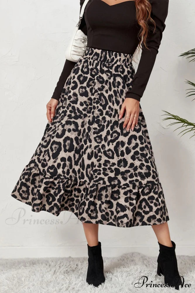 Leopard Print Pleated High Waist Skirt