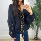 Leopard Ribbon Tie V-neck Cardigan