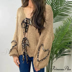 Leopard Ribbon Tie V-neck Cardigan