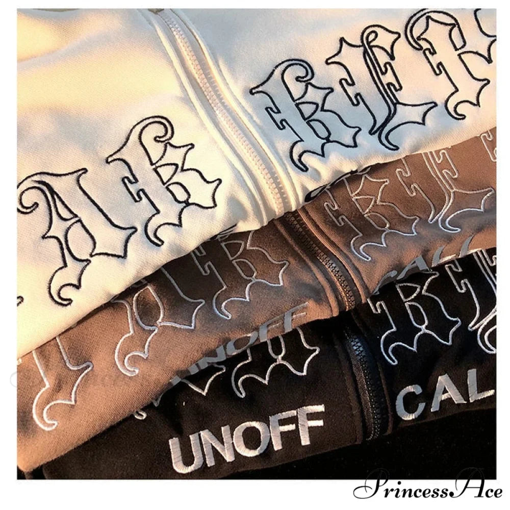 Letter Embroidery Vintage Loose Zipper Hoodies